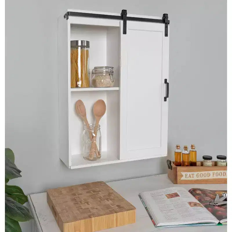 22"x28" Farmhouse Wall Cabinet with Rolling Barn Door, 5 Shelves, White