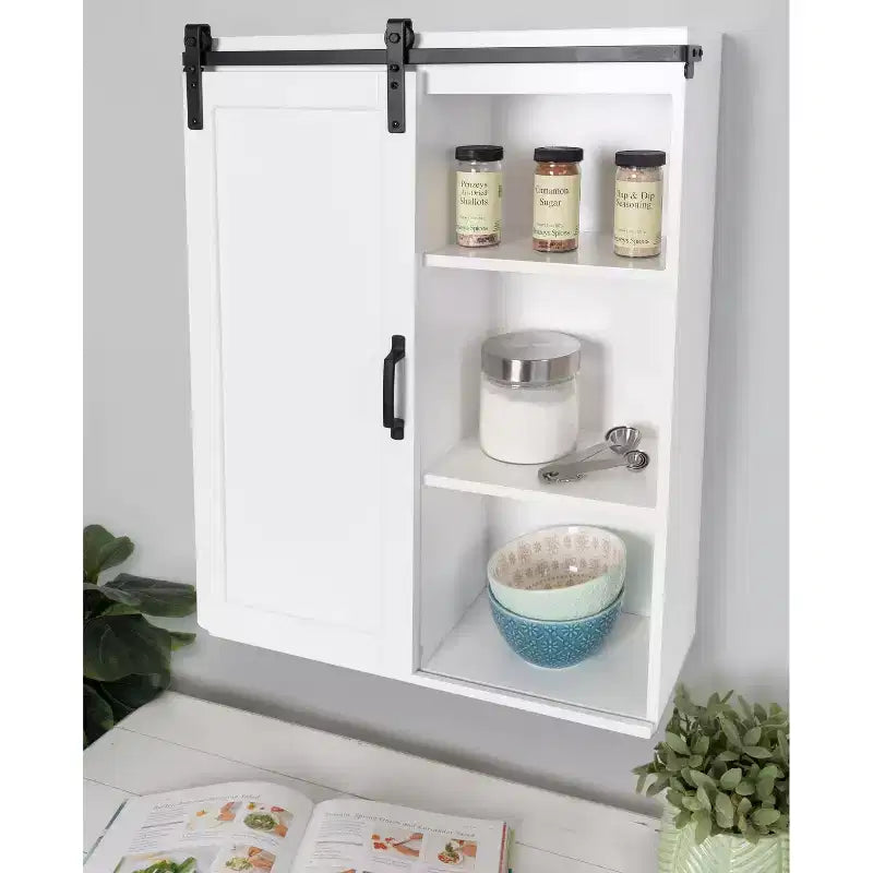 22"x28" Farmhouse Wall Cabinet with Rolling Barn Door, 5 Shelves, White