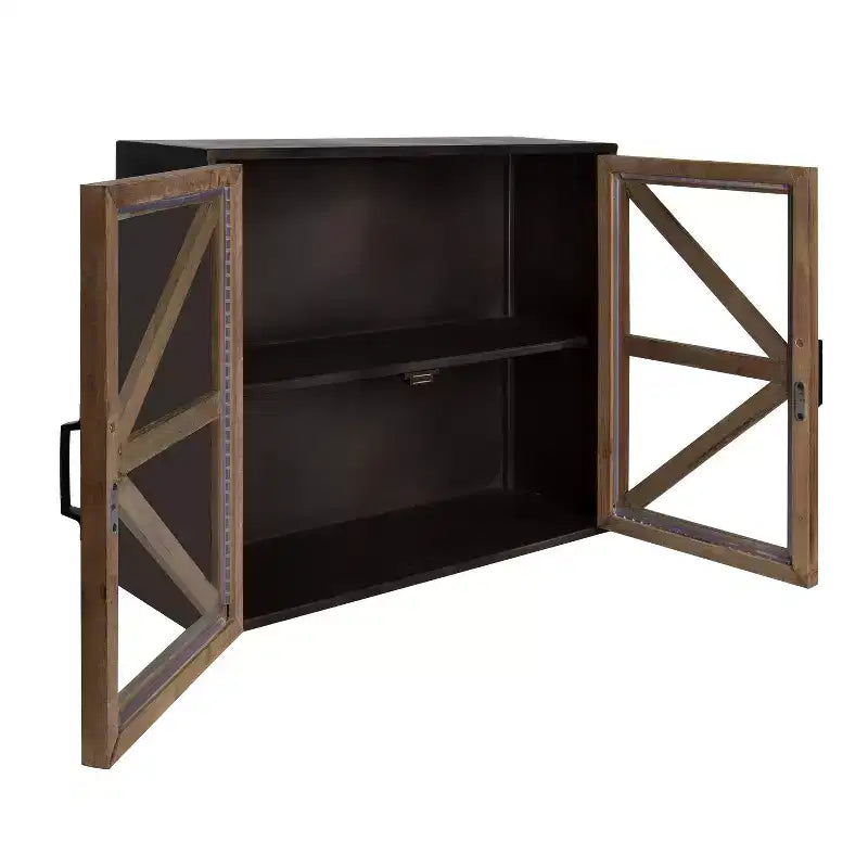 Farmhouse Wall Mounted Cabinet with Glass Doors & 2 Shelves, Rustic Metal Finish