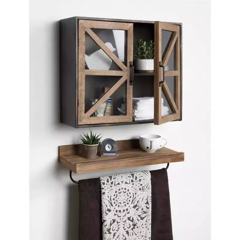 Farmhouse Wall Mounted Cabinet with Glass Doors & 2 Shelves, Rustic Metal Finish
