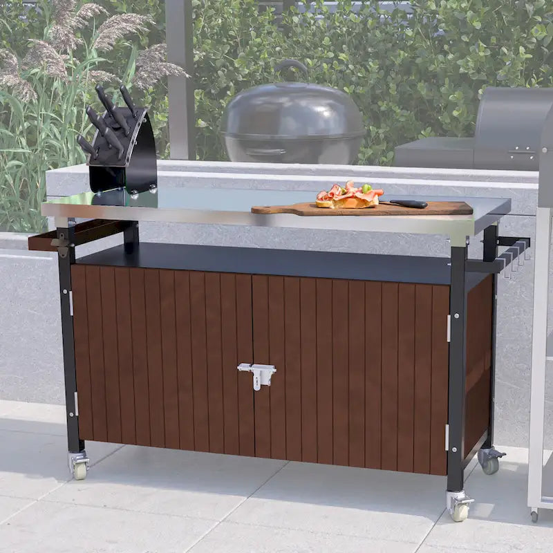 Grillwagen für den Außenbereich mit Tischplatte aus Edelstahl (Hocker nicht enthalten)