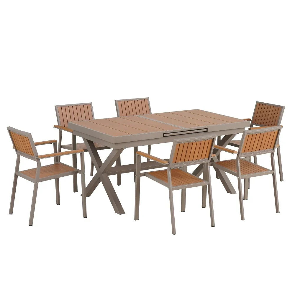 Modern Outdoor 7-piece Dining Set with Six Chairs and a Extendable Table for Patio