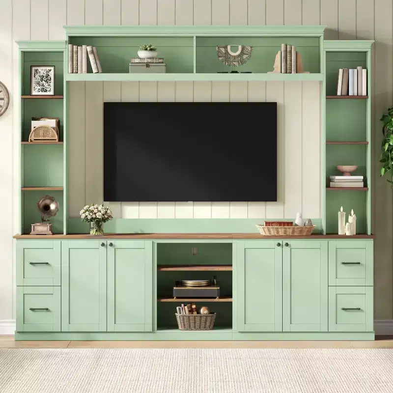 ModernLuxe 4-in-1-Farmhouse-Entertainment-Center als Wandeinheit, passend für Fernseher bis 70, TV-Ständer und Medienkonsole mit verstellbaren Regalen und Schubladen