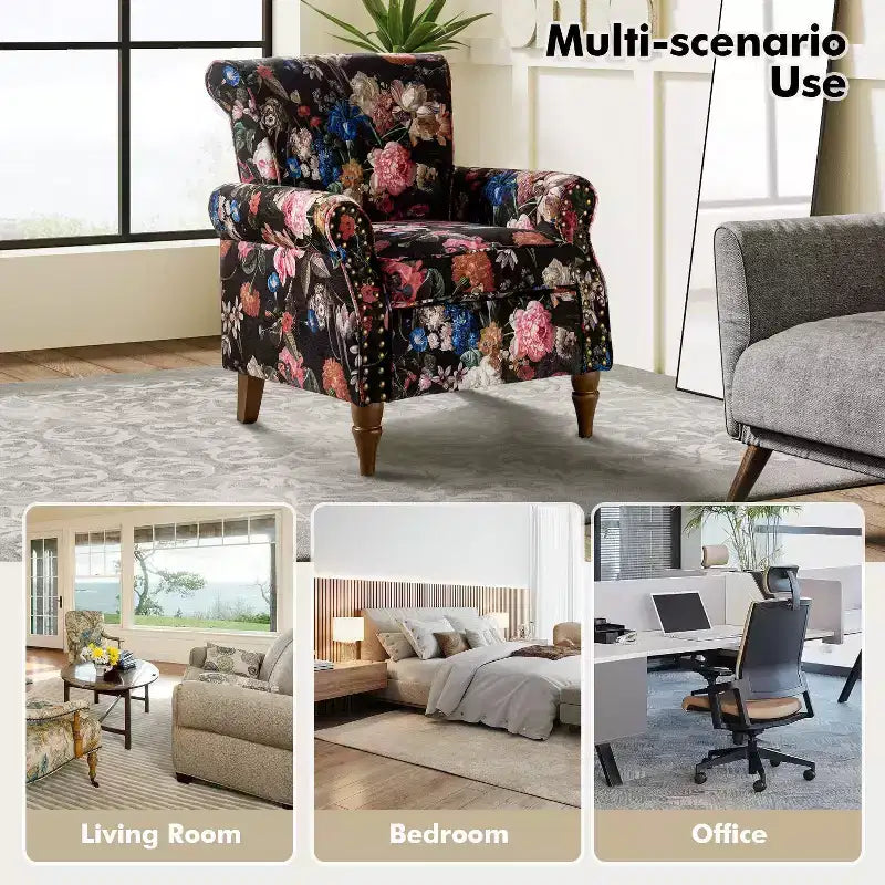 Fauteuil traditionnel Araceli en bois, rembourré à motif floral, avec dossier à oreilles et bordure cloutée| ART OF LIVING DESIGNS