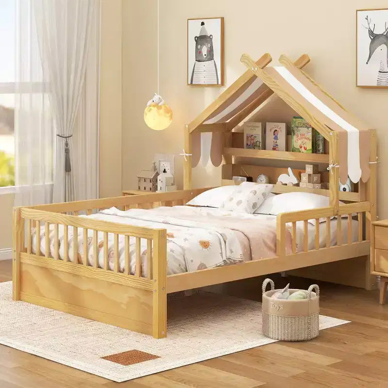 Lit cabane en bois ModernLuxe pour 1 ou 2 personnes avec tête de lit avec rangement, cadre de lit pour enfants en pin massif avec barrières de sécurité