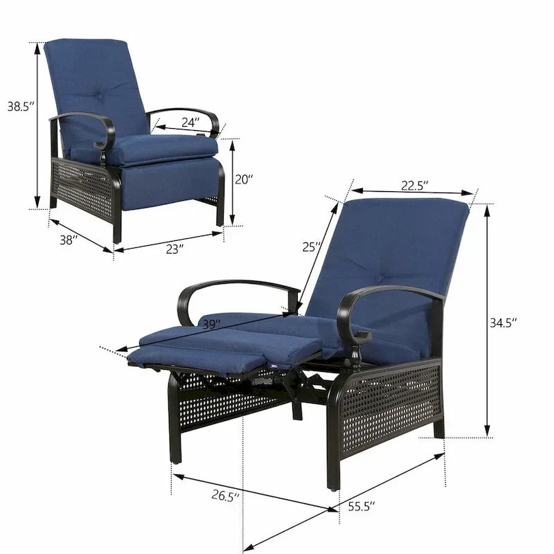 Fauteuil inclinable réglable de salon pour extérieur avec coussin - 38 (P) x 26.5 (L) x 38.5 (H) POUCES