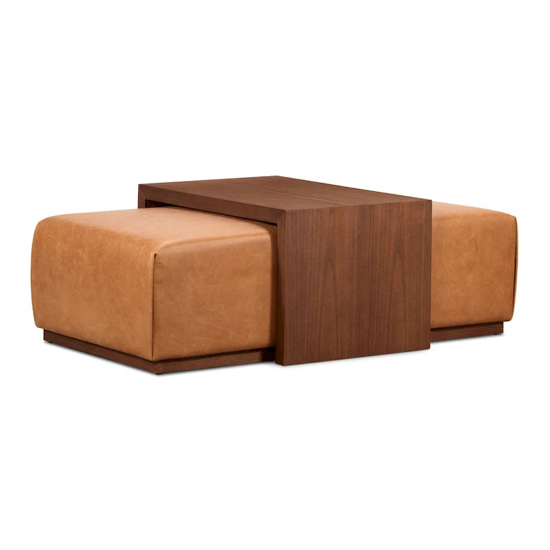 Pouf Poly & Bark Jarmo avec table en noyer réglable – véritable cuir italien pleine fleur