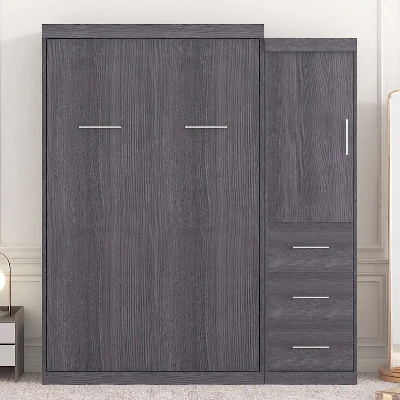 Graues klappbares Schrankbett mit Kleiderschrank und 3 Schubladen, Doppelbett/Einzelbett, für 1 Person