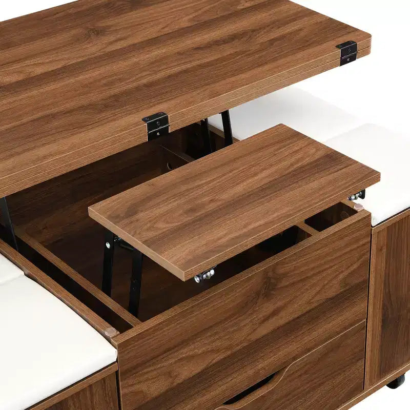Table basse moderne multifonctionnelle relevable avec rangement dissimulé, 4 tabourets et roulettes, idéale pour les espaces de vie modernes