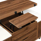 Table basse moderne multifonctionnelle relevable avec rangement dissimulé, 4 tabourets et roulettes, idéale pour les espaces de vie modernes