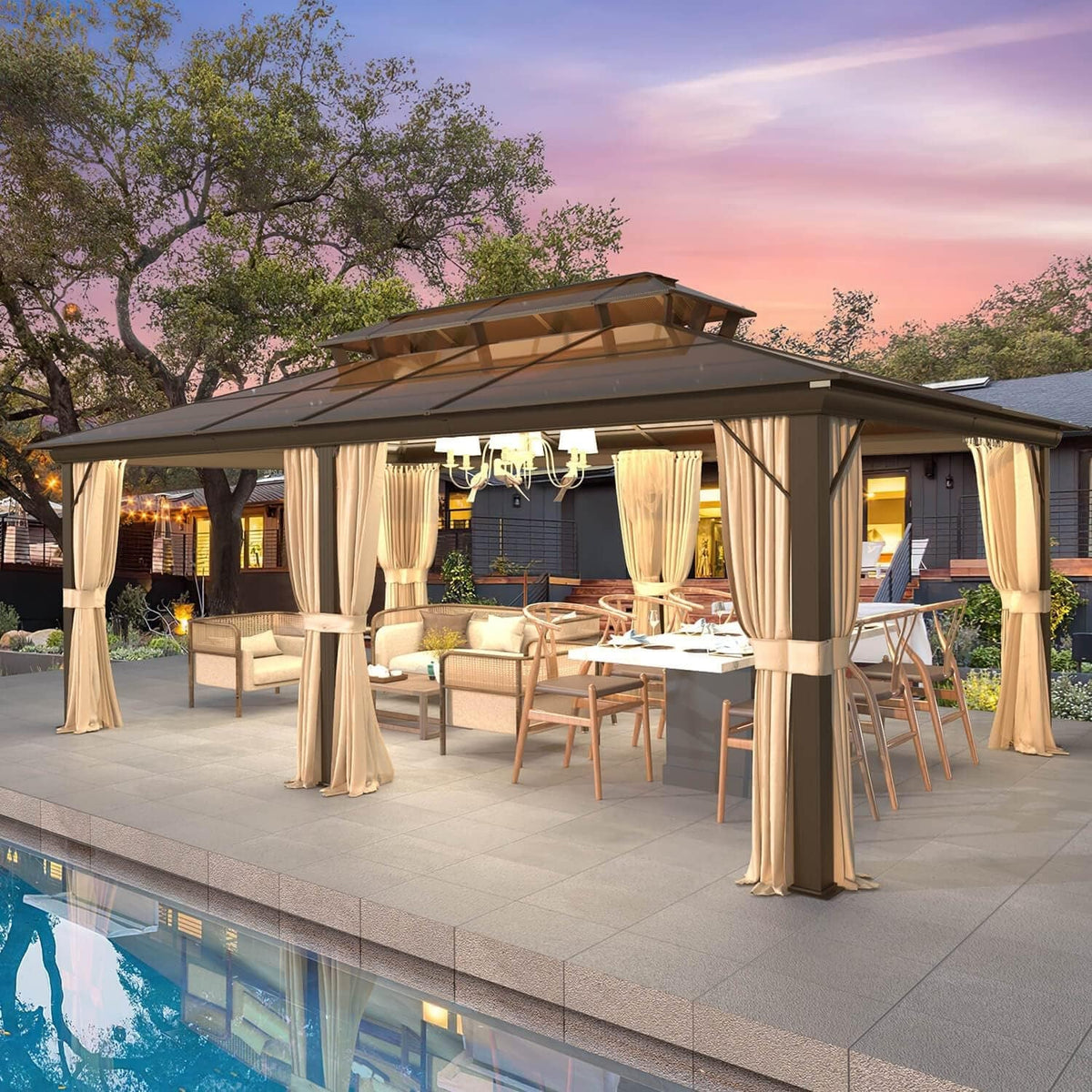 EROMMY Pavillon mit festem Dach, Outdoor-Pergola mit Doppeldach, Netzvorhängen und Vorhängen, robustes Vordach für Terrasse, Garten und Poolpartys