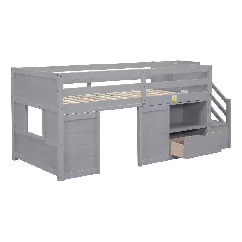 Lit mezzanine bas une place en bois massif, 94,6 L x 42,3 l, avec escalier, tiroir et étagère, design moderne et épuré