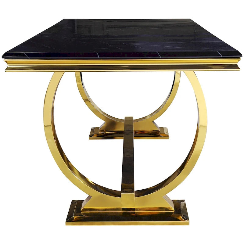 Table de salle à manger moderne avec piètement en U en métal inoxydable