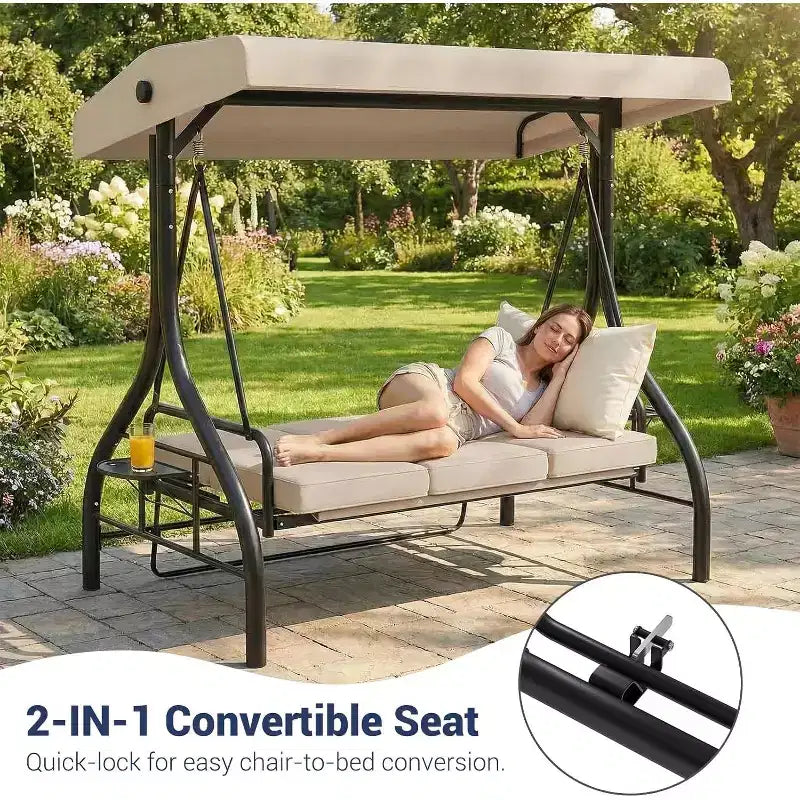 Balançoire d’extérieur convertible 2-en-1 pour 3 personnes avec auvent réglable, lit balançoire de terrasse avec support, coussins épais et porte-gobelets, pour jardin, cour et porche