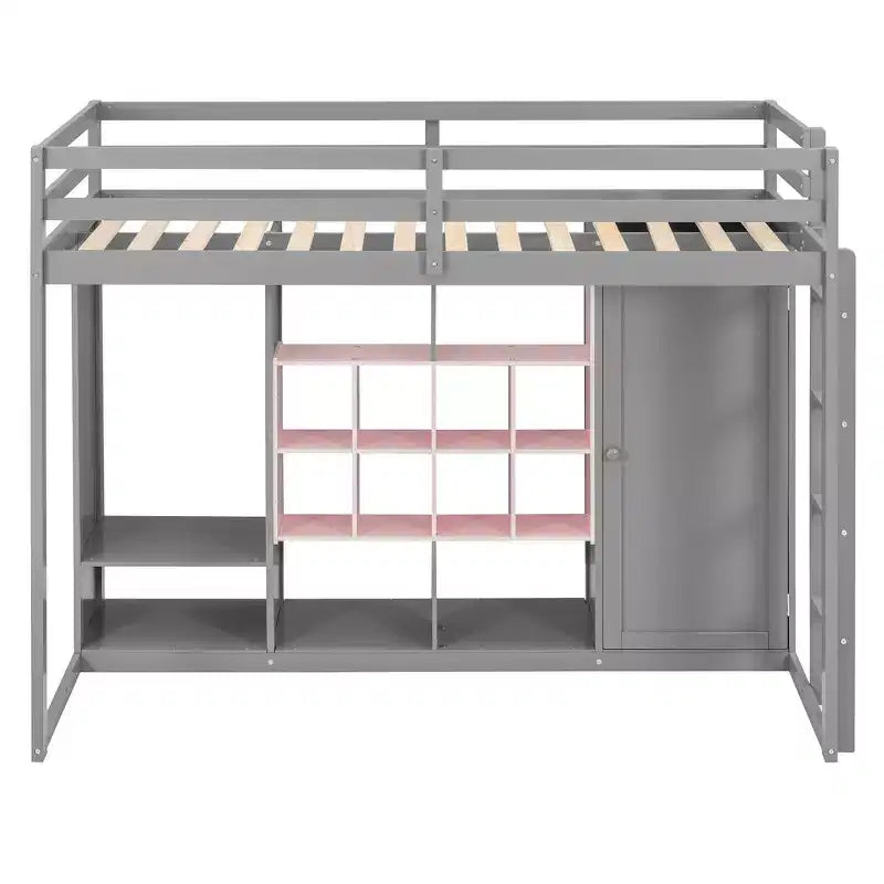 Kinder-Hochbett mit Kleiderschrank und Regalen, Hochbettgestell aus Holz mit Stauraumschrank für Kinder und Jugendliche