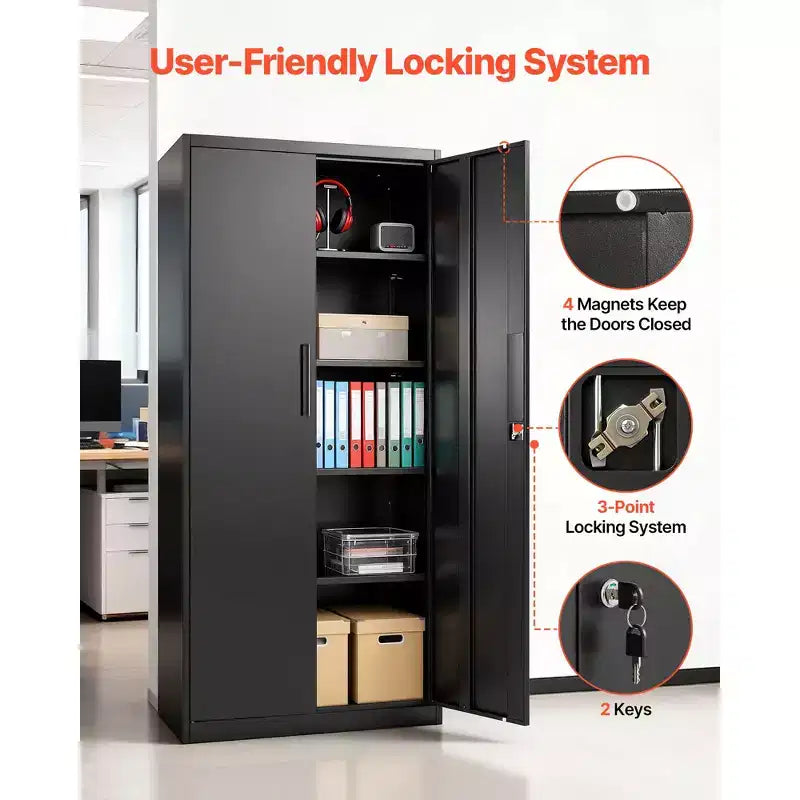Armoire de rangement métallique VEVOR, armoire de garage en acier verrouillable de 68,9 pouces avec 4 étagères réglables, 2 portes magnétiques, 2 clés et 5 niveaux de rangement pour outils, noire