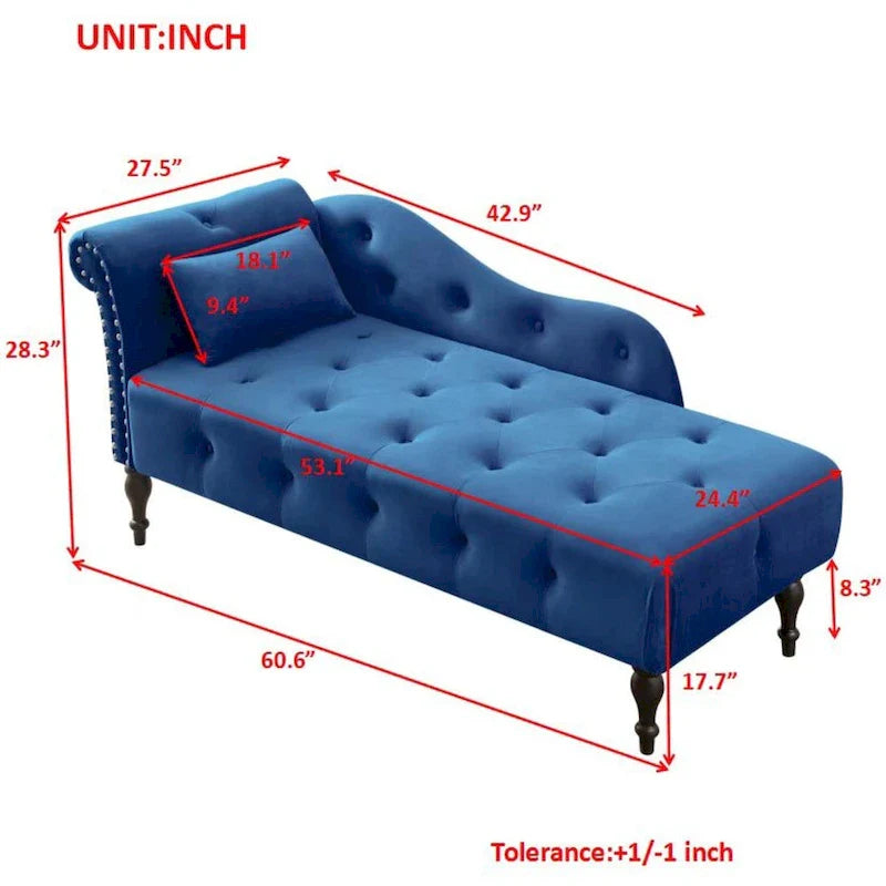 Chaise longue moderne de 60,6 po, capitonnée en velours avec boutons, pieds en bois massif et clous décoratifs