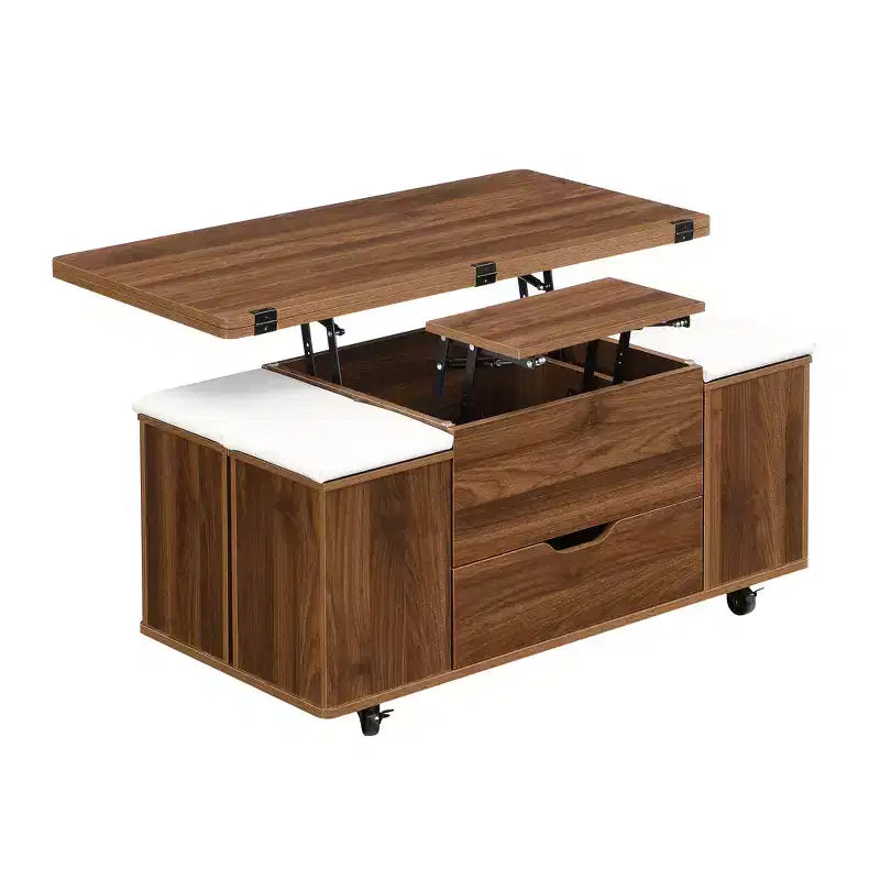 Table basse moderne multifonctionnelle relevable avec rangement dissimulé, 4 tabourets et roulettes, idéale pour les espaces de vie modernes