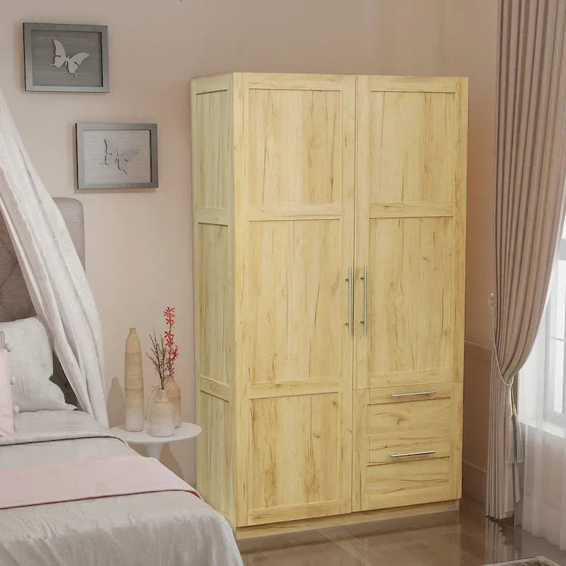 Armoire-penderie en bois blanc avec portes, tiroirs et tringle
