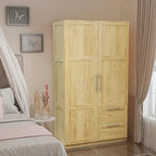 Armoire-penderie en bois blanc avec portes, tiroirs et tringle