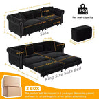 Whisen Samt-Schlafsofa in King-Size mit Ausziehfunktion und 3-in-1-Funktion, wandelbares Schlafsofa mit beweglichem Hocker und Steppdesign