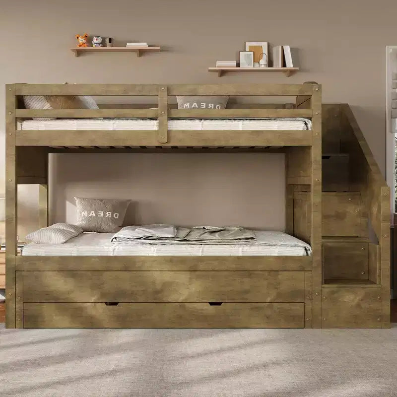 Cadre de lit superposé Whisen Twin XL avec lit gigogne, rangement, escalier de rangement en bois massif, armoire et 3 tiroirs, pour enfants