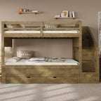 Cadre de lit superposé Whisen Twin XL avec lit gigogne, rangement, escalier de rangement en bois massif, armoire et 3 tiroirs, pour enfants