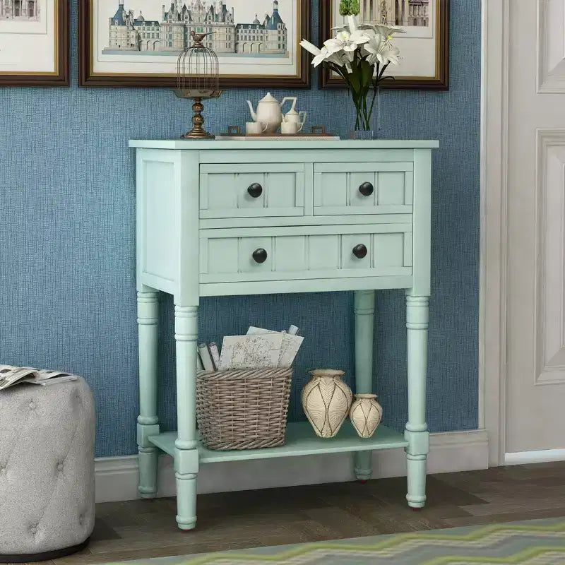 Smalle consoletafel van 60,2 cm met 3 laden en plank, sofatafel voor kleine entrees of woonkamers