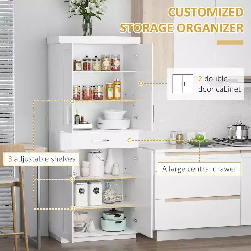 Moderne vrijstaande keukenkast, voorraadkast met deuren en lade, verstelbare legplanken