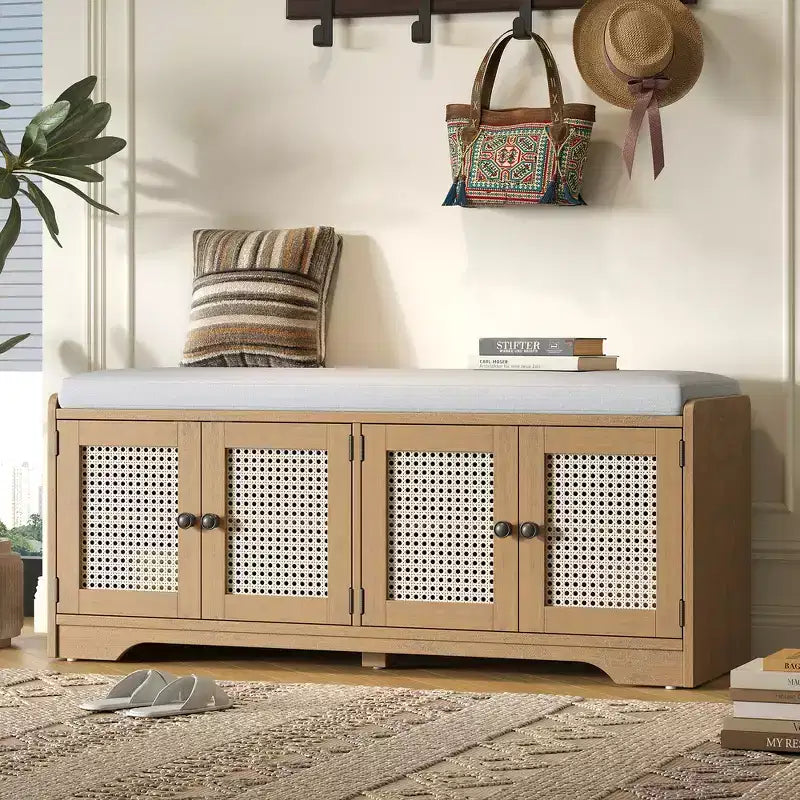 Banc de rangement rustique en bois Whisen, banc à chaussures pour entrée avec coussin amovible et étagères réglables