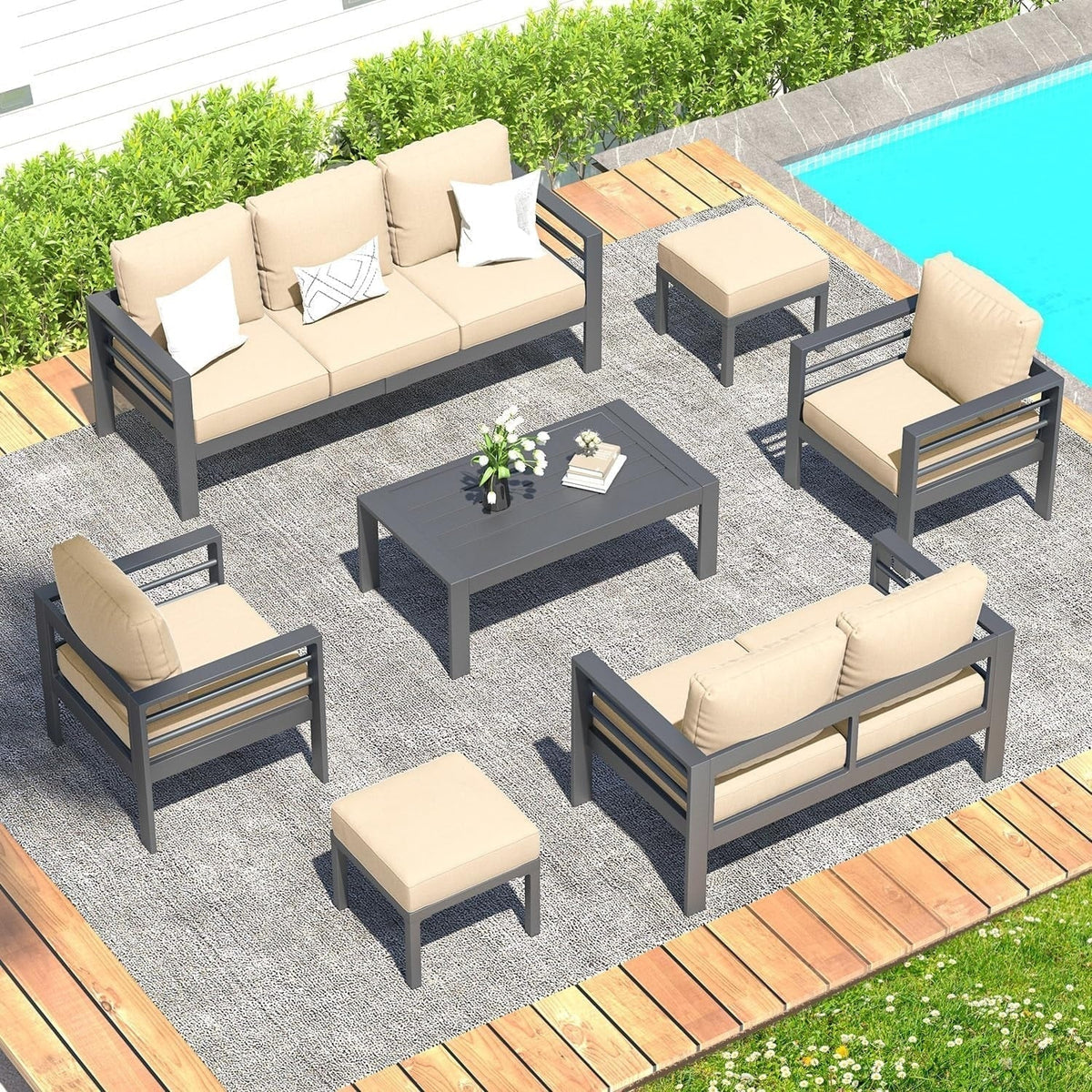 AECOJOY 7-teiliges Aluminiummöbel-Set für die Terrasse, Outdoor-Sitzgruppe
