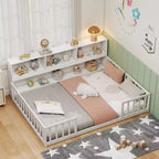 Twin/Full Size Montessori Floor Bed with Bookcase Storage Shelves & Safety Fence Rails White/Gray