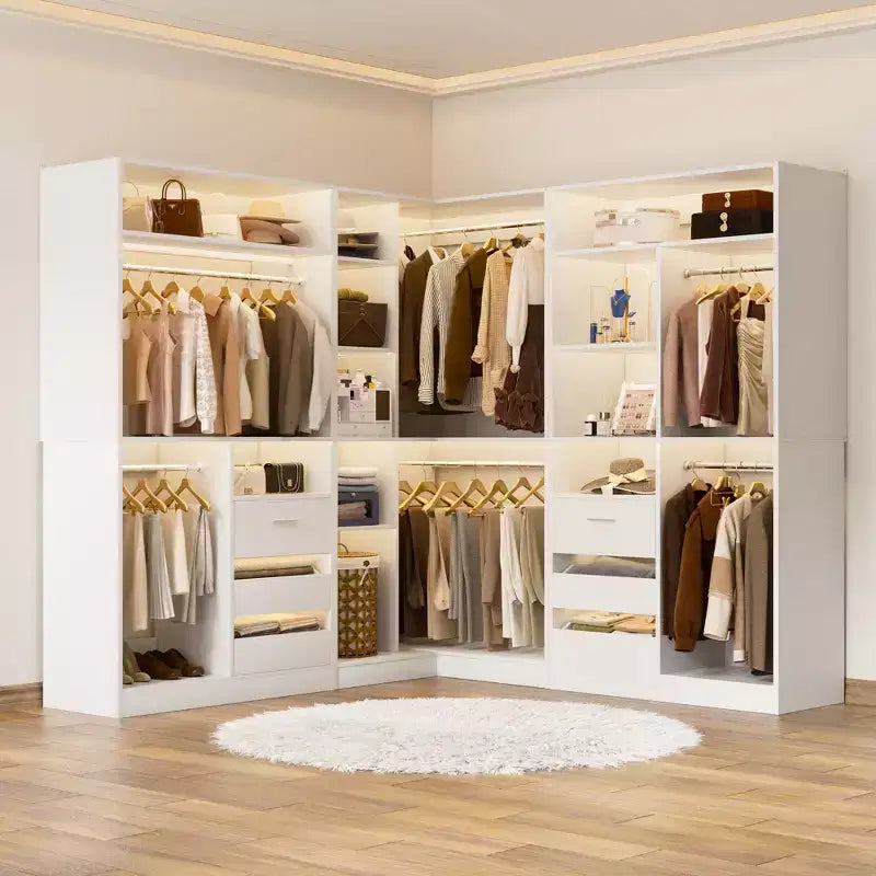 Ensemble Besiost de 3 éléments pour dressing d’angle avec étagères en colonne et tiroirs, organisateur de dressing autoportant avec tringles