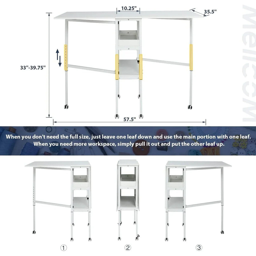 Table de bricolage réglable en hauteur avec étagères de rangement, table de découpe pliante mobile pour bureau à domicile, salle de couture ou atelier créatif
