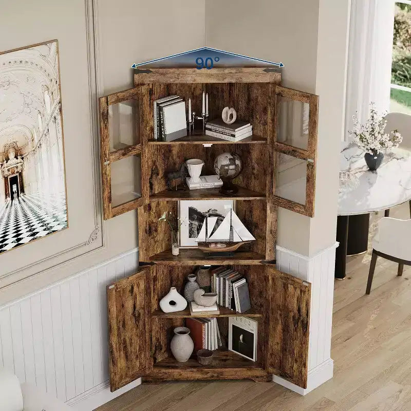 69 Zoll hoher Eckschrank im Landhausstil, platzsparender Eckschrank mit Glastür und verstellbaren Regalböden für Wohnzimmer und Küche