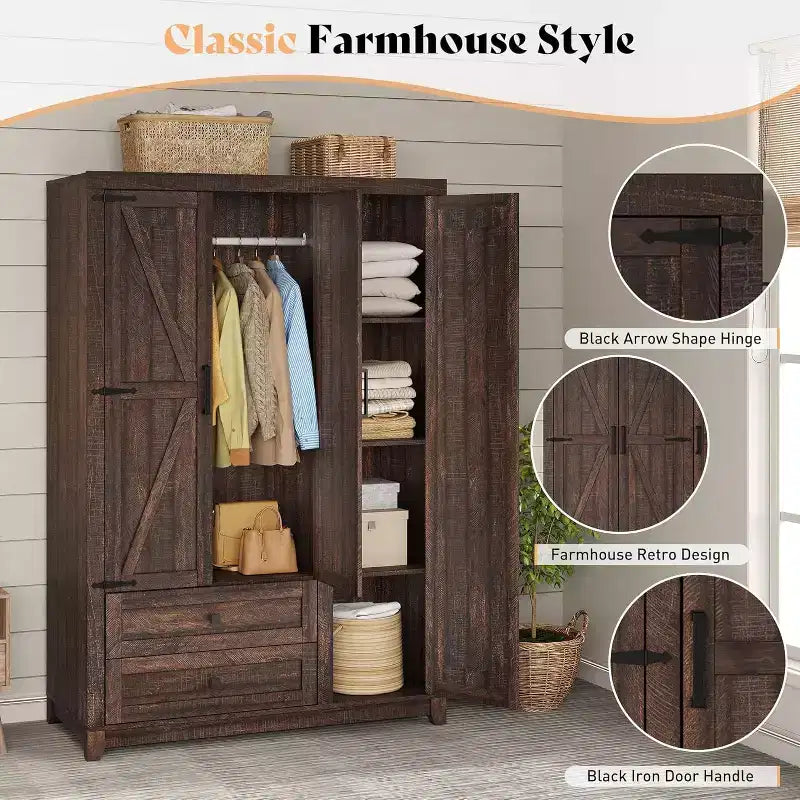 AMERLIFE 47-Zoll-Kleiderschrank im Landhausstil mit 3 Türen, 2 Schubladen, Kleiderstange und verstellbaren Regalen, freistehender Kleiderschrank-Organizer