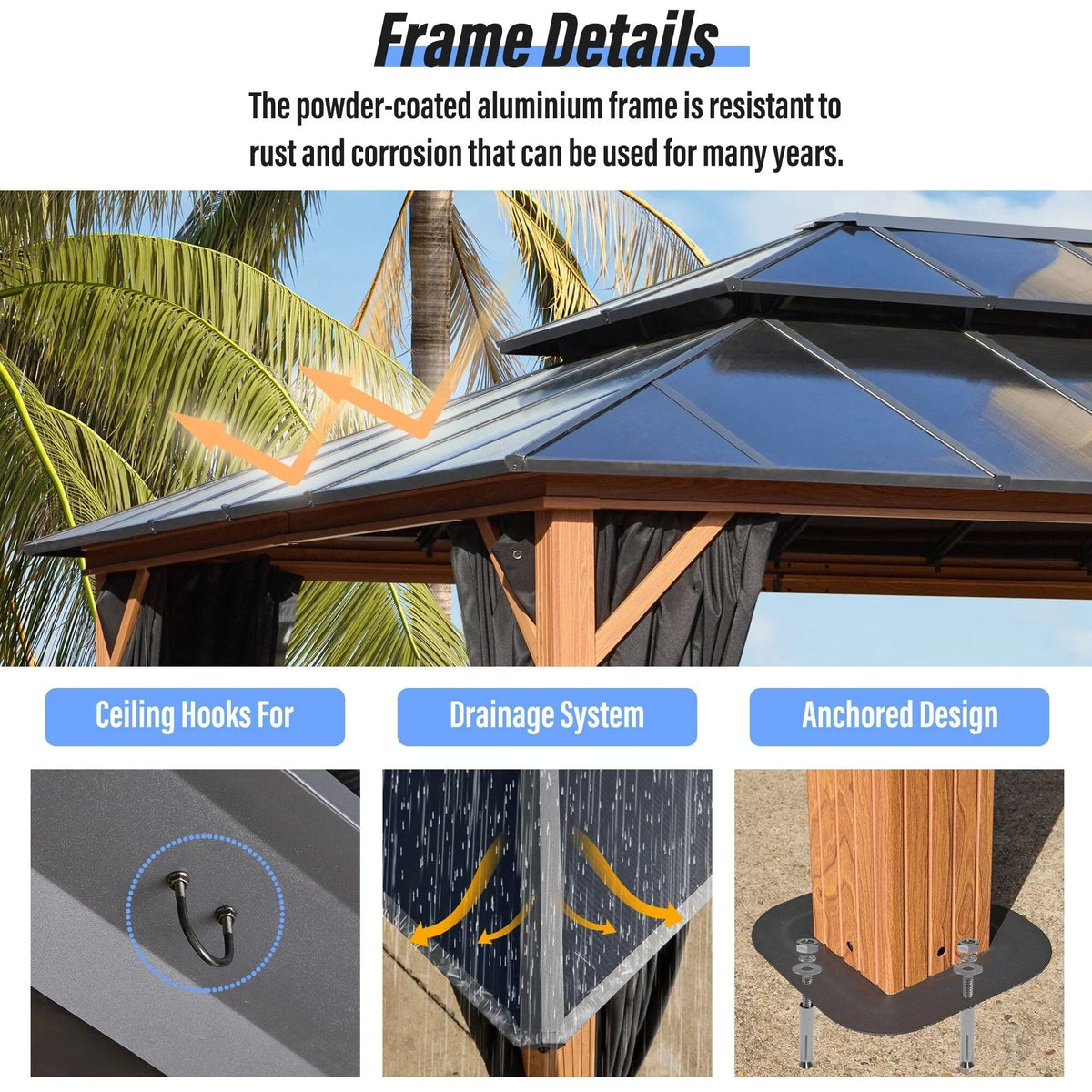 EROMMY Pavillon mit festem Dach, Outdoor-Pergola mit Doppeldach, Netzvorhängen und Vorhängen, robustes Vordach für Terrasse, Garten und Poolpartys