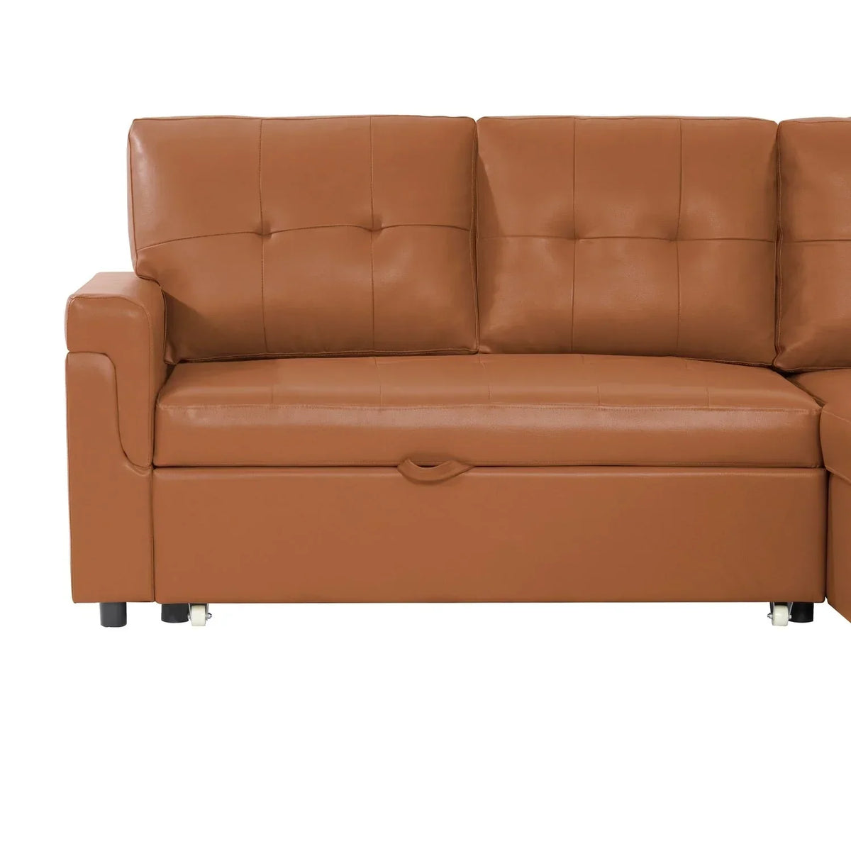Umwandelbares, beidseitig montierbares Ecksofa mit ausziehbarem Schlafbett, verstecktem Stauraum in der Recamiere und robusten Beinen