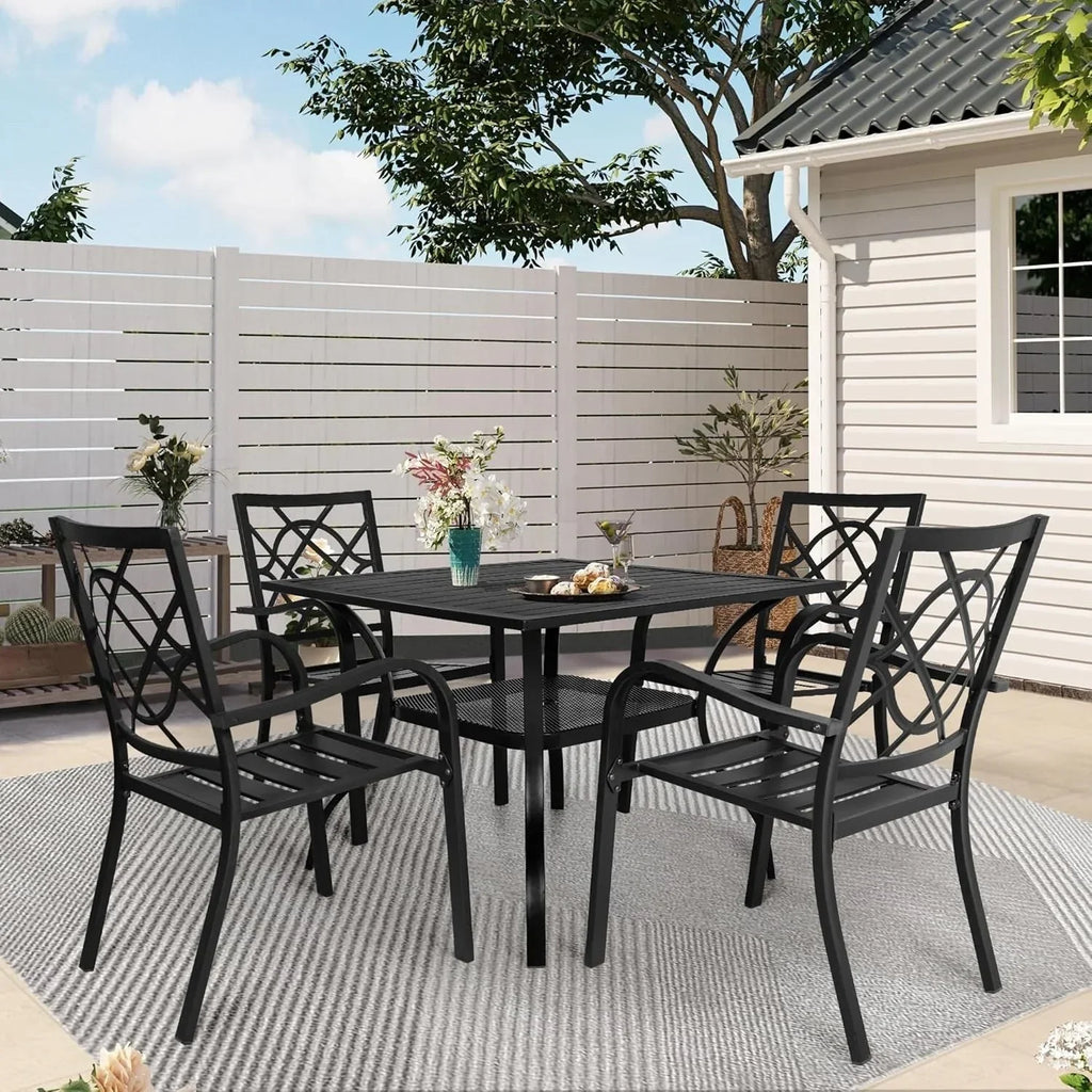 SUNCROWN 5/7-delige stalen tuin-eetsets, metalen tafel met lattenblad en stapelbare stoelen, gepoedercoat frame