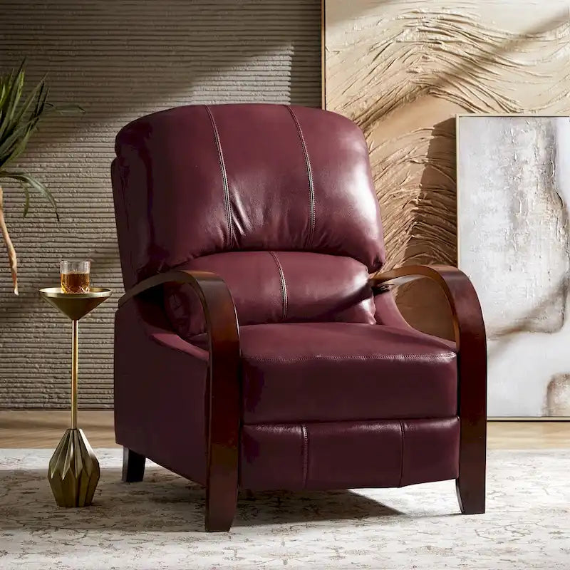 Alex moderner Relaxsessel im Mid-Century-Stil aus echtem Zigarrenleder mit manueller Verstellung und geschwungenen Holzarmlehnen