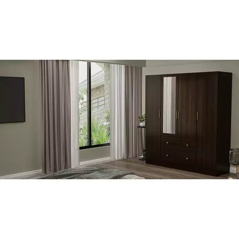 Armoire Hitow avec 2 grands tiroirs, espace central pour vêtements suspendus et miroir, style minimaliste