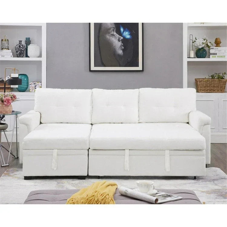 Umwandelbares, beidseitig montierbares Ecksofa mit ausziehbarem Schlafbett, verstecktem Stauraum in der Recamiere und robusten Beinen
