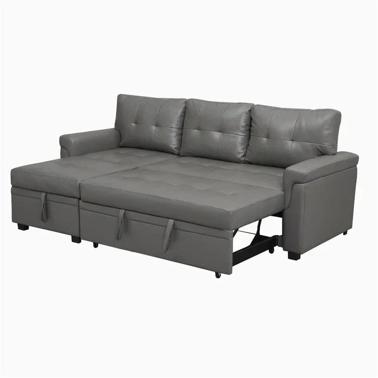 Umwandelbares, beidseitig montierbares Ecksofa mit ausziehbarem Schlafbett, verstecktem Stauraum in der Recamiere und robusten Beinen