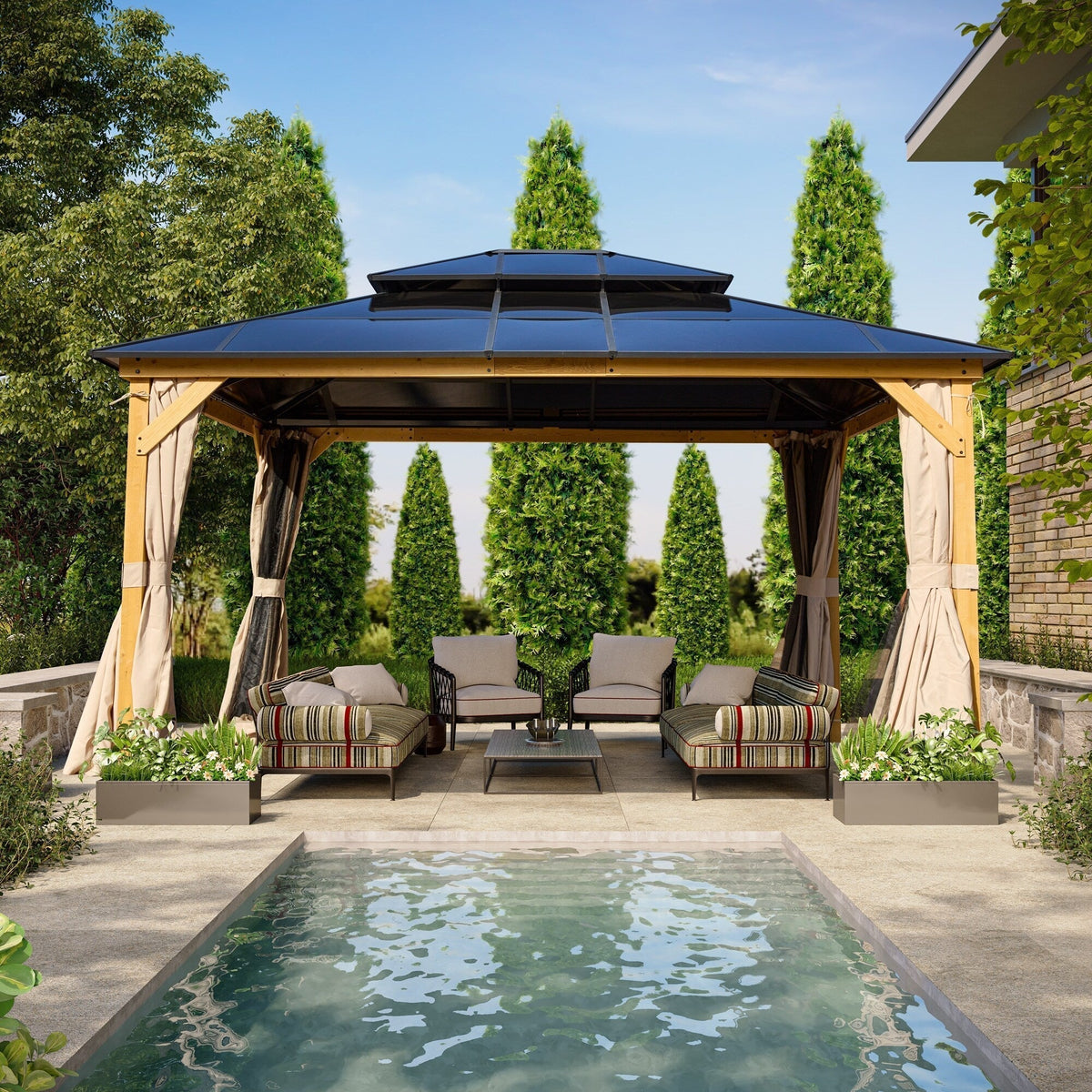 EROMMY Pavillon mit festem Dach, Outdoor-Pergola mit Doppeldach, Netzvorhängen und Vorhängen, robustes Vordach für Terrasse, Garten und Poolpartys