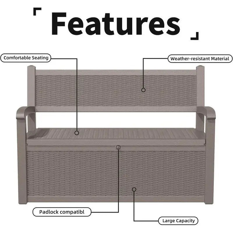 Banc de rangement en résine tout temps avec compartiment dissimulé verrouillable – design imitation rotin, capacité de 500 lb, rangement de 70 gallons