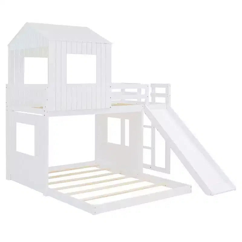 Luxystar Etagenbett aus Holz in Twin-über-Full-Größe mit Spielhaus, Rutsche und Schutzgittern