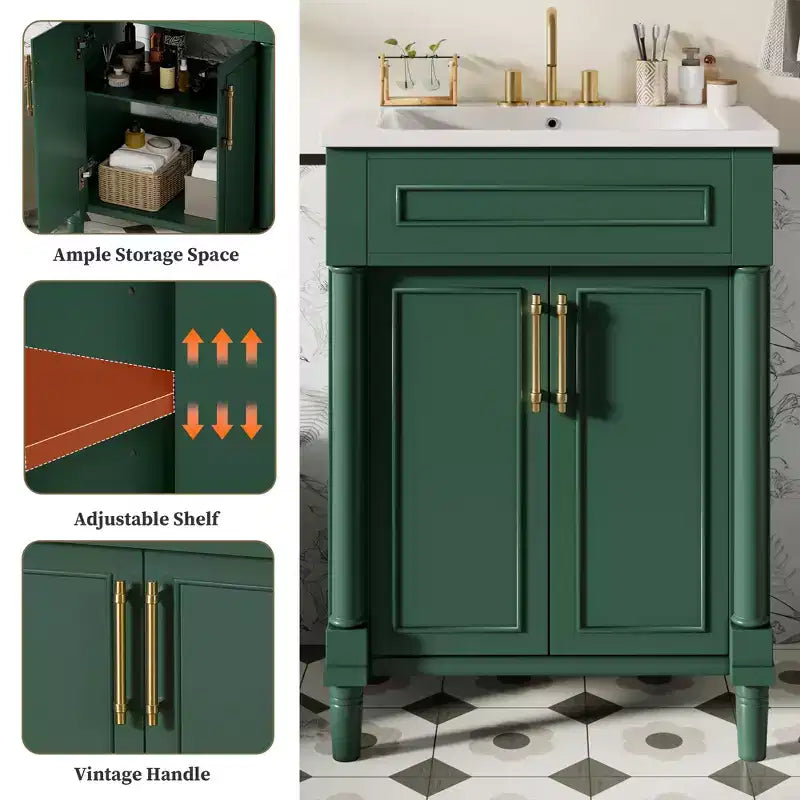 24-Zoll-Badezimmerunterschrank mit Keramikwaschbecken, Shaker-Schrank, 2 Türen mit Soft-Close-Funktion und Rahmen aus Massivholz für kleine Badezimmer oder Gäste-WCs