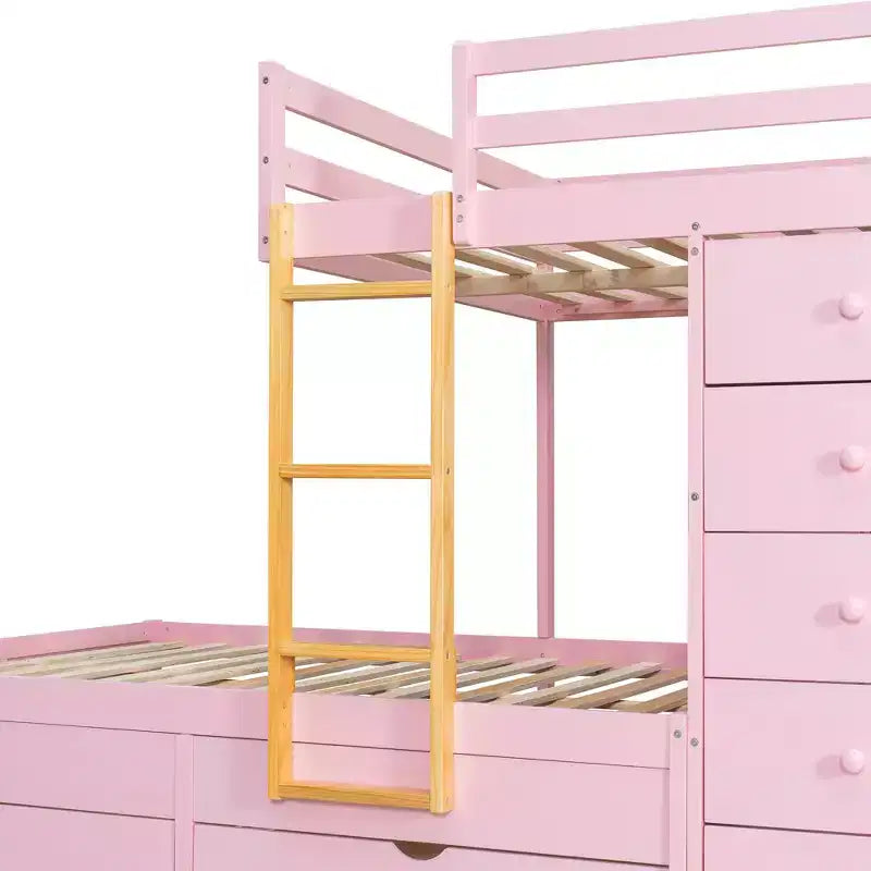 Lit superposé deux places sur deux places avec armoire de rangement et tiroirs, lit superposé en bois deux places gain de place avec barrière de sécurité pour appartement et chambre
