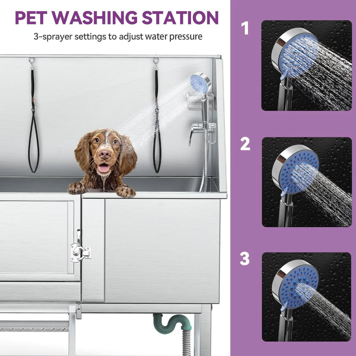 Baignoire de toilettage réglable pour animaux en acier inoxydable de 50' W avec rampe à marches