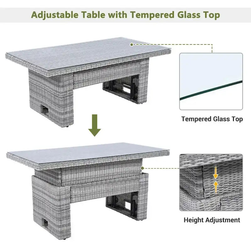 Ensemble de meubles d’extérieur en rotin avec table réglable, fauteuils inclinables et 2 poufs
